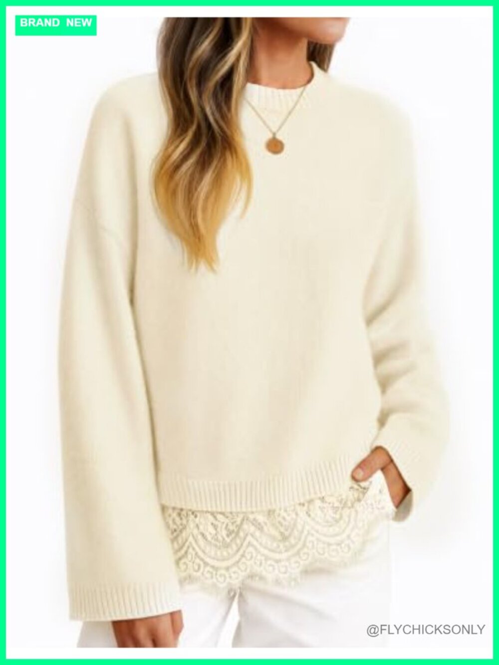 Lace Trim Pullover Sweater Crew Neck Drop Shoulder Long Sleeve Knit Top